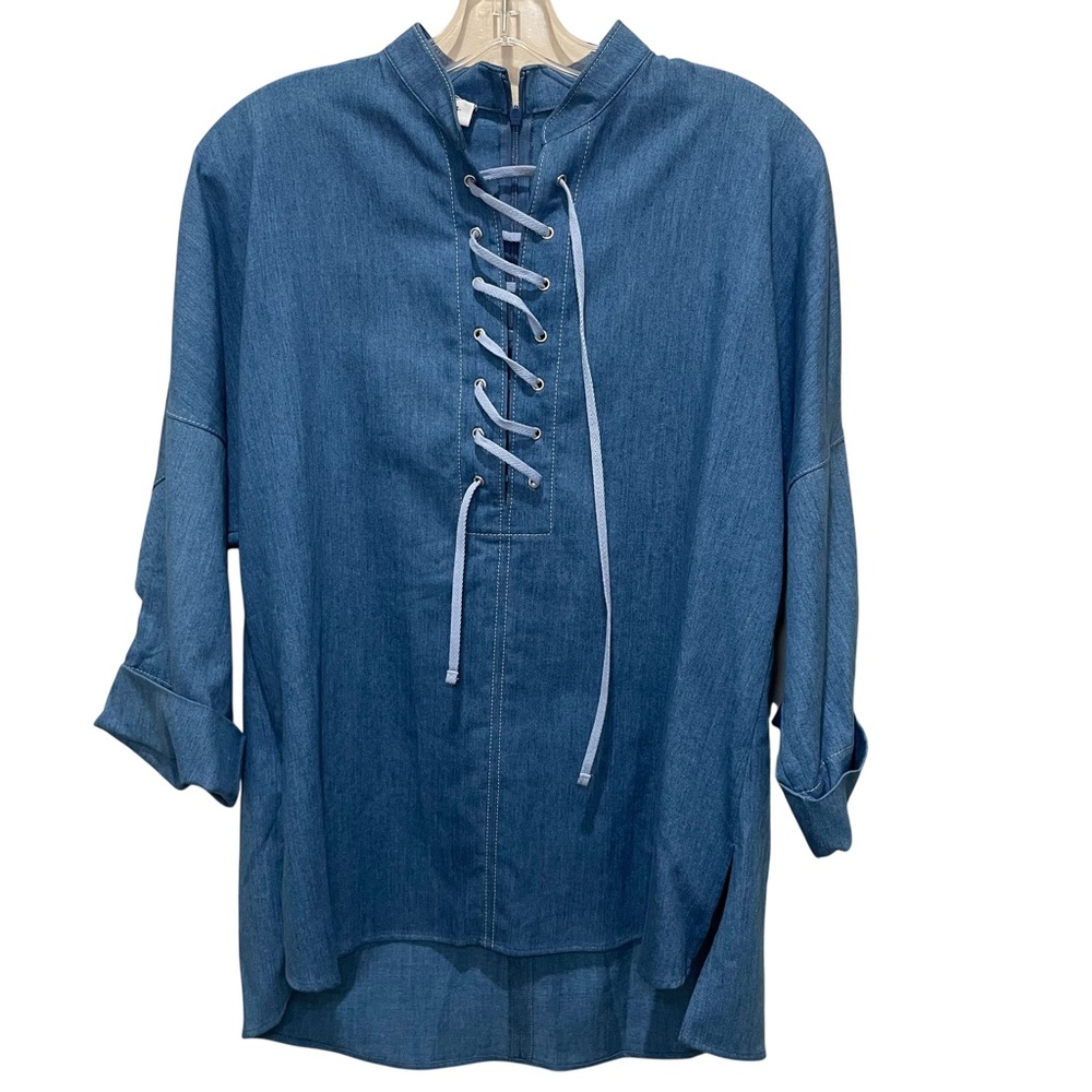 Akris Punto Lace Up Chambray Tunic Top Blue Women Size 8 Lyocell Cotton